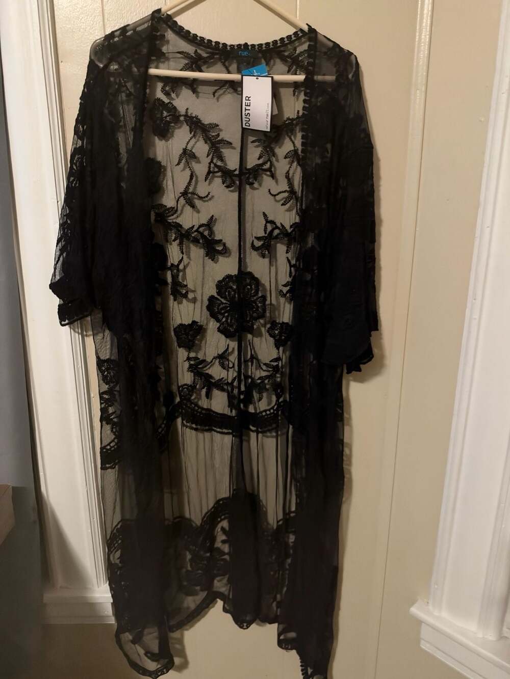 rue21 Black Lace Duster Size 2X Floral Sheer Mesh Cardigan Kimono